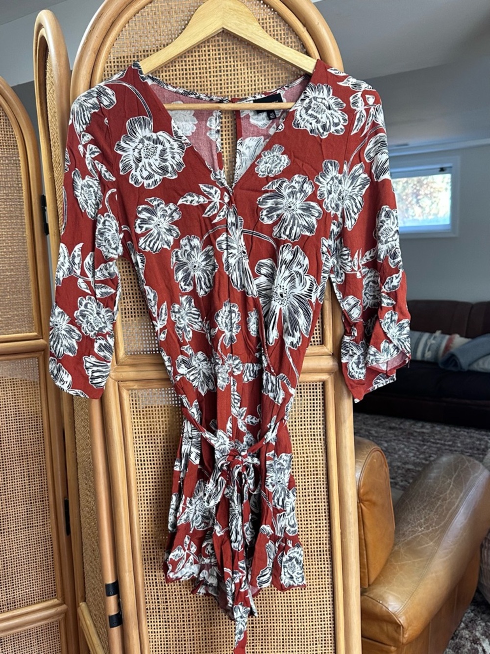 Who What Wear Rust Red Floral Wrap Romper with White and Black Blooms